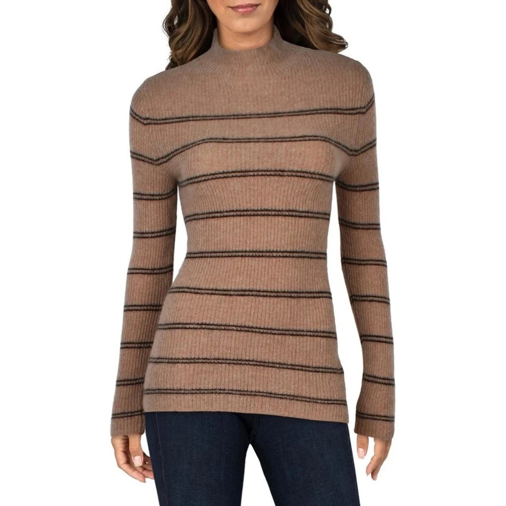 Sutton Studio pure cashmere pullover mock turtle neck sweater brown stripe Small